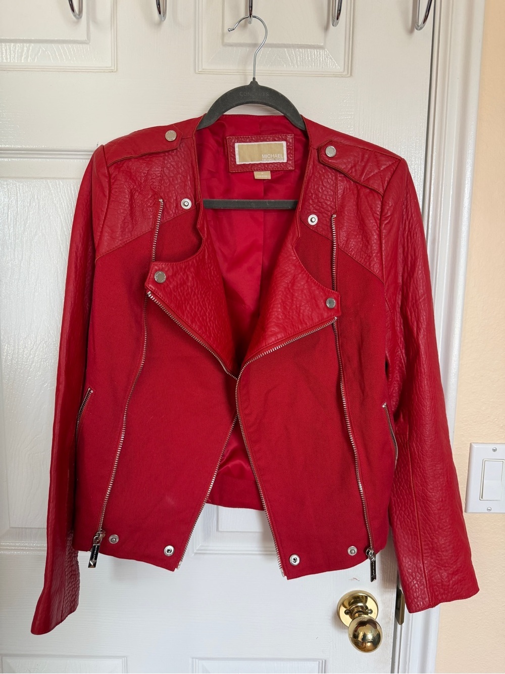Michael Kors Red Mixed-Media Moto Jacket